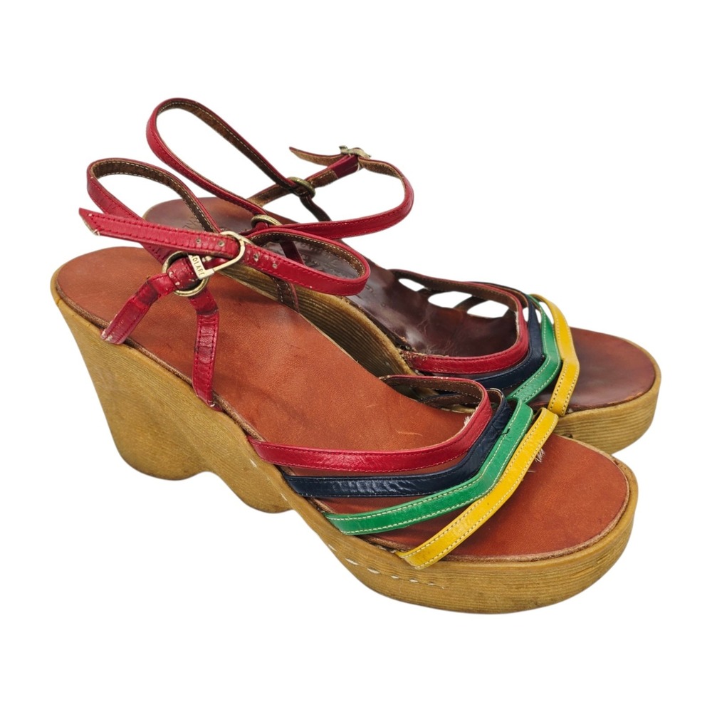 VTG 70s Famolare Sandals Womens 7.5 M Hi There Gum Sole Wave Wedge Italy Rainbow